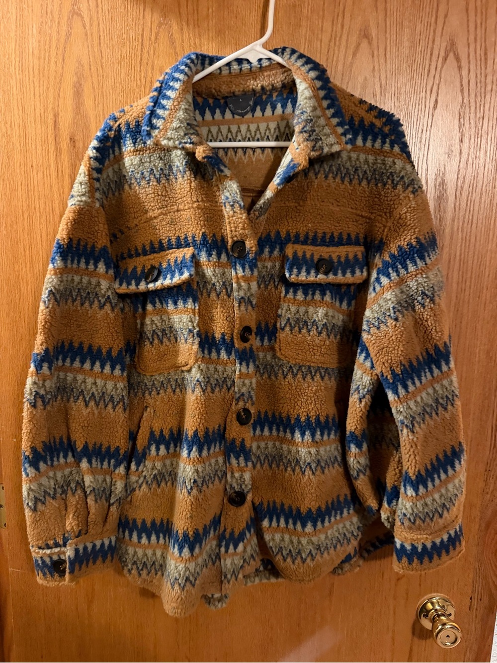 ARULA Tan, Blue & Cream Patterned Sherpa Cardigan Jacket